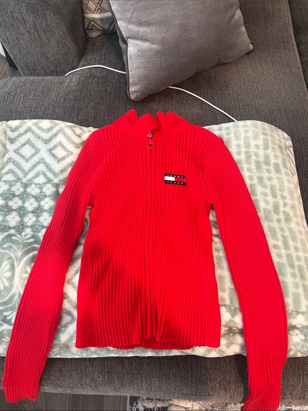 Red Ribbed Half-Zip Sweater with Flag Patch